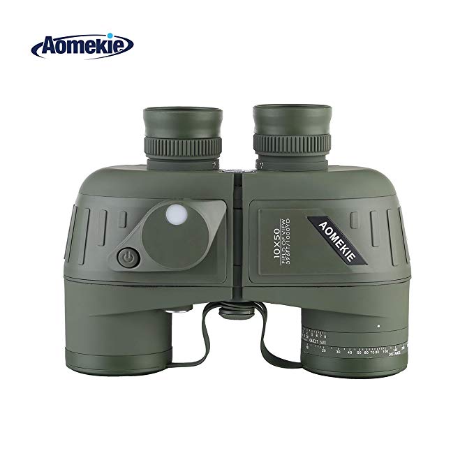 Aomekie Marine Military Binoculars Waterproof for Adults, 10x50 Binoculars with Rangefinder Compass BAK4 Prism FMC Lens Fogproof for Navigation Birdwatching Hunting (Green)