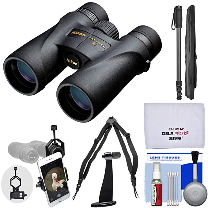 Nikon Monarch 5 10x42 ED ATB Waterproof/Fogproof Binoculars with Case + Harness + Smartphone Adapter + Tripod Adapter + Monopod + Cleaning Kit