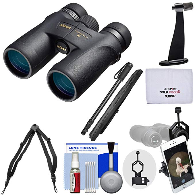 Nikon Monarch 7 8x42 ED ATB Waterproof/Fogproof Binoculars with Case + Harness + Smartphone and Tripod Adapters + Monopod + Cleaning Kit