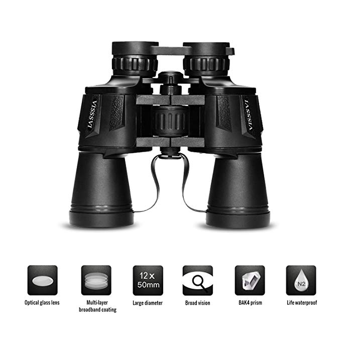 VISSSVI 12x50 Zoom Binoculars Compact Folding Durable for Professional Traveler Wide Field of View, More Clear Great for Camping, Hunting, Travelling, Concert, Surveillance Carrying case Strap