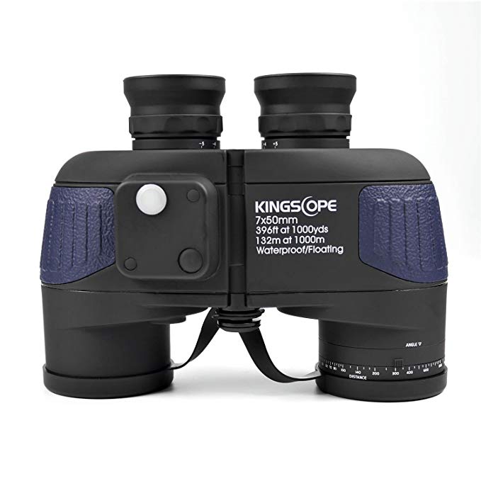 Kingscope 7X50 HD Military Marine Binoculars with Illuminated Reticle Rangefinder & Compass, BAK4 Porro Prism - Floating/Waterproof / Fogproof for Navigation, Boating, Fishing, Water Sports, Hunting