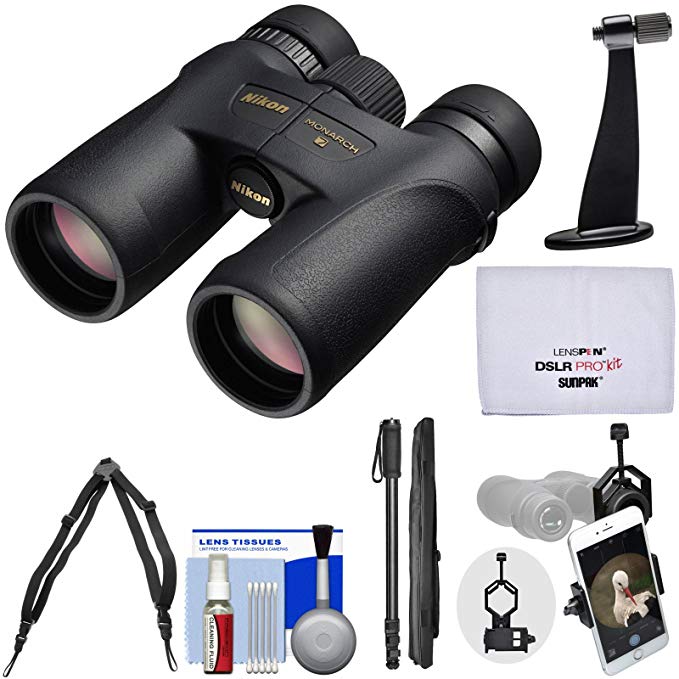 Nikon Monarch 7 10x42 ED ATB Waterproof/Fogproof Binoculars with Case + Harness + Smartphone and Tripod Adapters + Monopod + Cleaning Kit